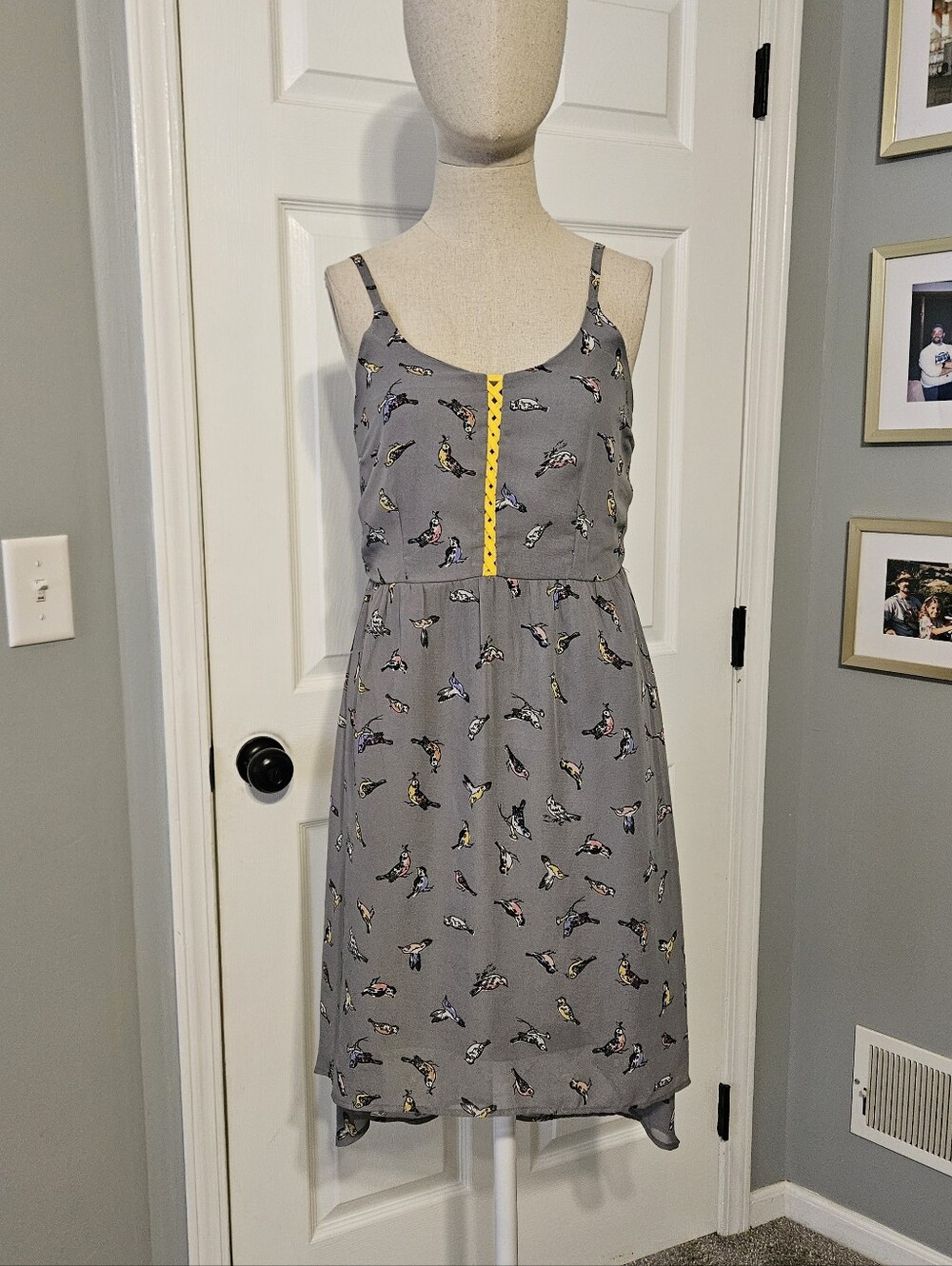 Xhilaration Grey Bird-Print Midi Dress with Yellow Trim